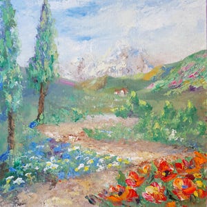 Estrada para as montanhas pintando paisagem californiana original com prados floridos, árvores e montanhas, papoula, margarida, não me esqueça, bluebonnet