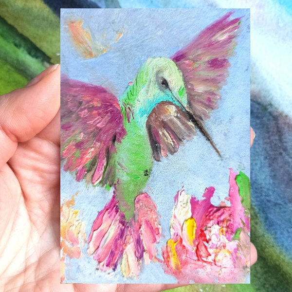 Kolibri-Gemälde Original Kleiner Vogel auf Blumen Kunstwerk Fliegender Kolibri strukturiertes pastoses Ölgemälde Geschenk für tropische Vogelliebhaber