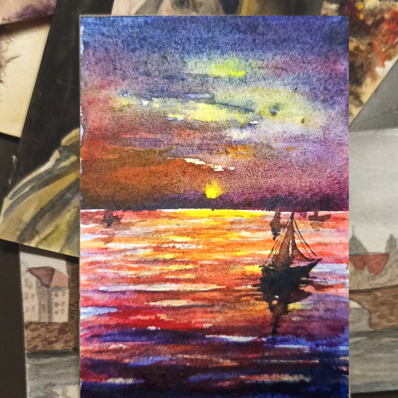 Sailboat seascape painting ACEO watercolor one of a kind original artwork Gift for him Blue seascape
