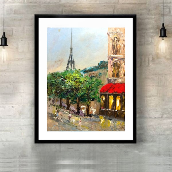 Peinture originale de Paris, peinture à l'huile empâtement, petit paysage urbain fait main avec la rue de Paris et la tour Eiffel