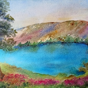 Lake trees painting original National park landscape with meadows and mountains watercolor painting