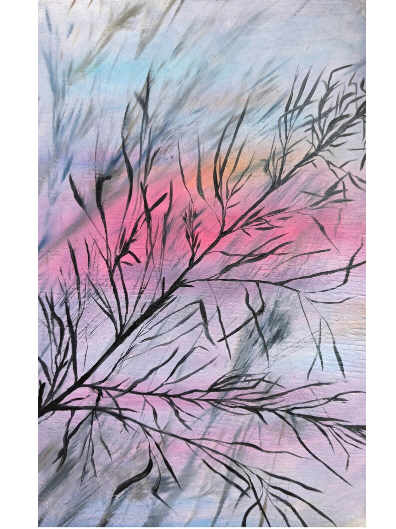 Tree painting original Trees line sunset oil painting Pink and gray neutral colours oil painting small