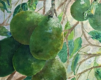 Peinture d'avocat originale dans des tons verts, peinture réaliste de fruits en croissance pour une décoration de réchauffement de la maison