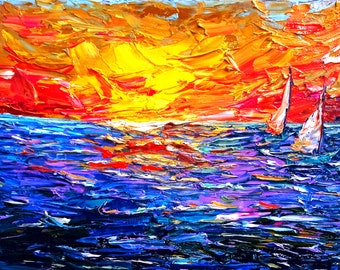 Sailboat painting impasto Wrapped canvas textured seascape artwork original  sea waves