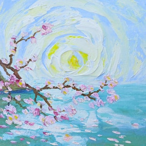 Cherry blossom painting original Blooming pink spring flowers heavy impasto oil painting canvas art