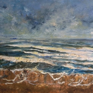 Pintura al aire libre de paisaje marino original Pintura de costa de personas y perros Pintura al óleo de playa