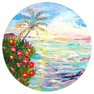 Hawaii painting circle Heavy impasto round canvas seascape oil painting original textured flower palm artwork 11 inch circle