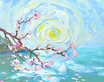 オリジナルの桜の絵画、厚塗りアクリル絵具で描かれた花瓶に入った桜の