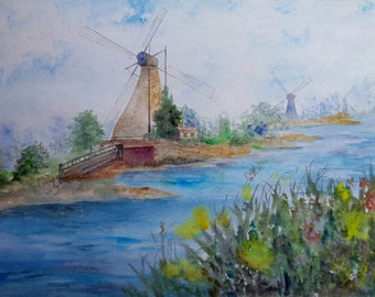 風車のある風景 水彩画 19世紀初頭 オリジナル - Etsy 日本