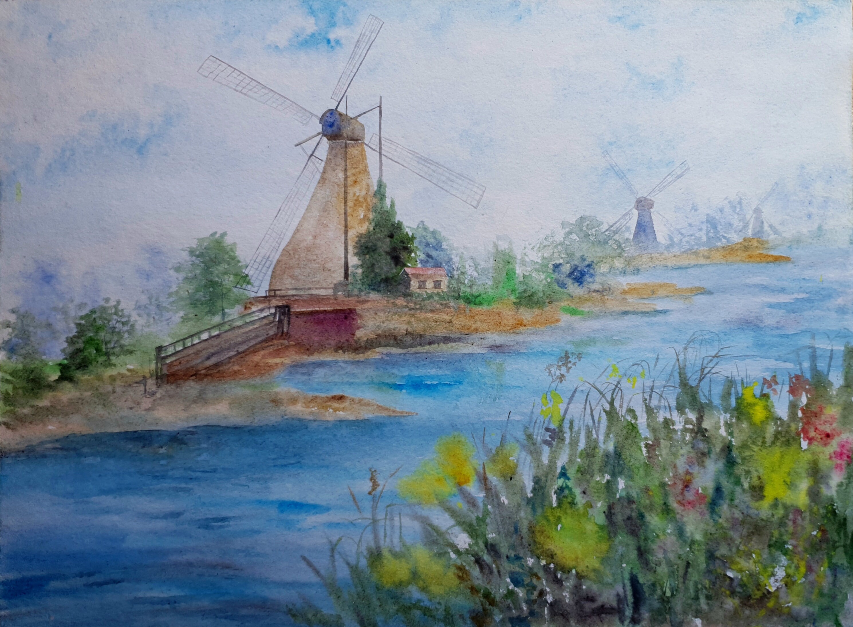 水彩画 風車の風景 オランダ キンデルダイク 風車の風景 水彩画 絵画 浜野 和孝
