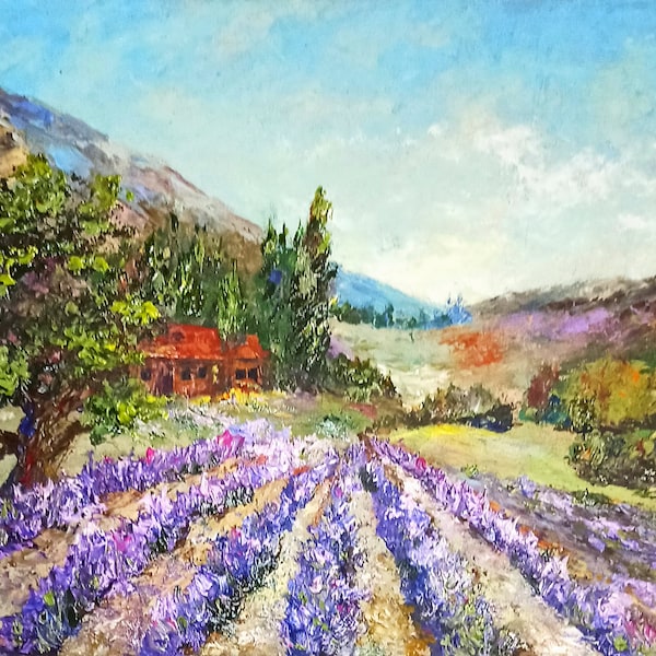 Tuscany lavender painting original Meadow impasto small painting Mountain landscape artwork Italy oil painting