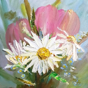 Pintura de margaritas y tulipanes Ramo de flores de primavera Pintura al óleo empastada Pequeña obra de arte cuadrada