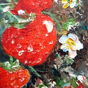 Dipinto originale di fragole, piccola decorazione di frutta fatta a mano, arte murale di bacche per la decorazione di riscaldamento della casa, pesca, prugna, fragola, natura morta, arte positiva