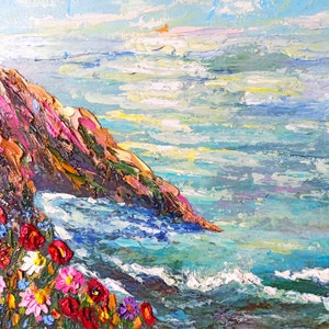 Pintura da costa da Califórnia Daisy paisagem marinha impasto pintura a óleo original Arte de montanha e oceano com flores