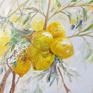 Dipinto originale raffigurante un albero di limoni a Positano, dipinto a mano con decorazione murale a base di agrumi, dipinto a olio su impasto strutturato creato con spatola
