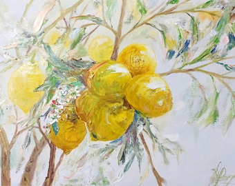 レモンリキュールの絵画：オリジナルインパスト油彩静物画、イタリア