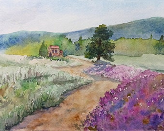 Tuscany painting original Hand painted watercolor lavender field mountain landscape artwork Gift for her