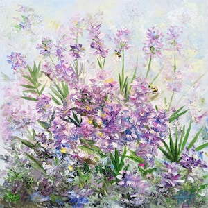 Pintura al óleo de lavanda con textura pesada original Abejorro sobre lavanda floreciente en Toscana, obra de arte cuadrada con mariposa