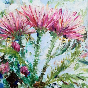 Pintura original de cardo floreciente, abejorro sobre flores, pintura cuadrada pequeña, pintura al óleo realista hecha a mano, regalo para amantes de la naturaleza