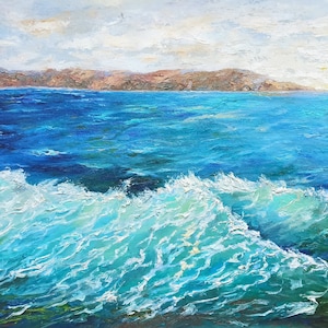 Dipinto originale di paesaggio marino della California, arte murale della costa della California, pittura a olio di impasto cavas di nuvole