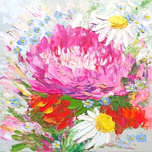 Hortênsia centáurea papoula margarida pintura original prado de flores silvestres arte floral impasto texturizado pintura a óleo feita à mão criada em painel
