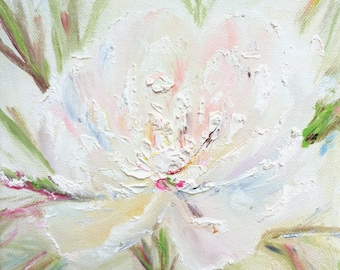 Peony painting stretched canvas original Neutral colours peony small painting oil Gift for her