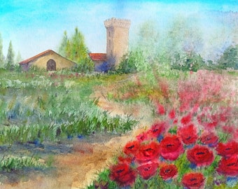 Tuscany painting original Poppy watercolor landscape artwork Italy Flower painting red Beautiful landscape painting