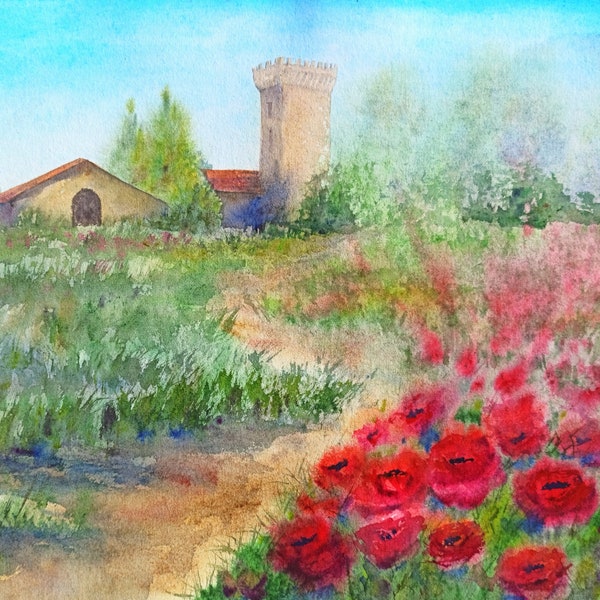 Tuscany painting original Poppy watercolor landscape artwork Italy Flower painting red Beautiful landscape painting