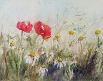 Daisy Poppy Malerei original Aquarell Wiese handgemachte Malerei 30 x 40 cm Neutrale Farben Blumenwandkunst