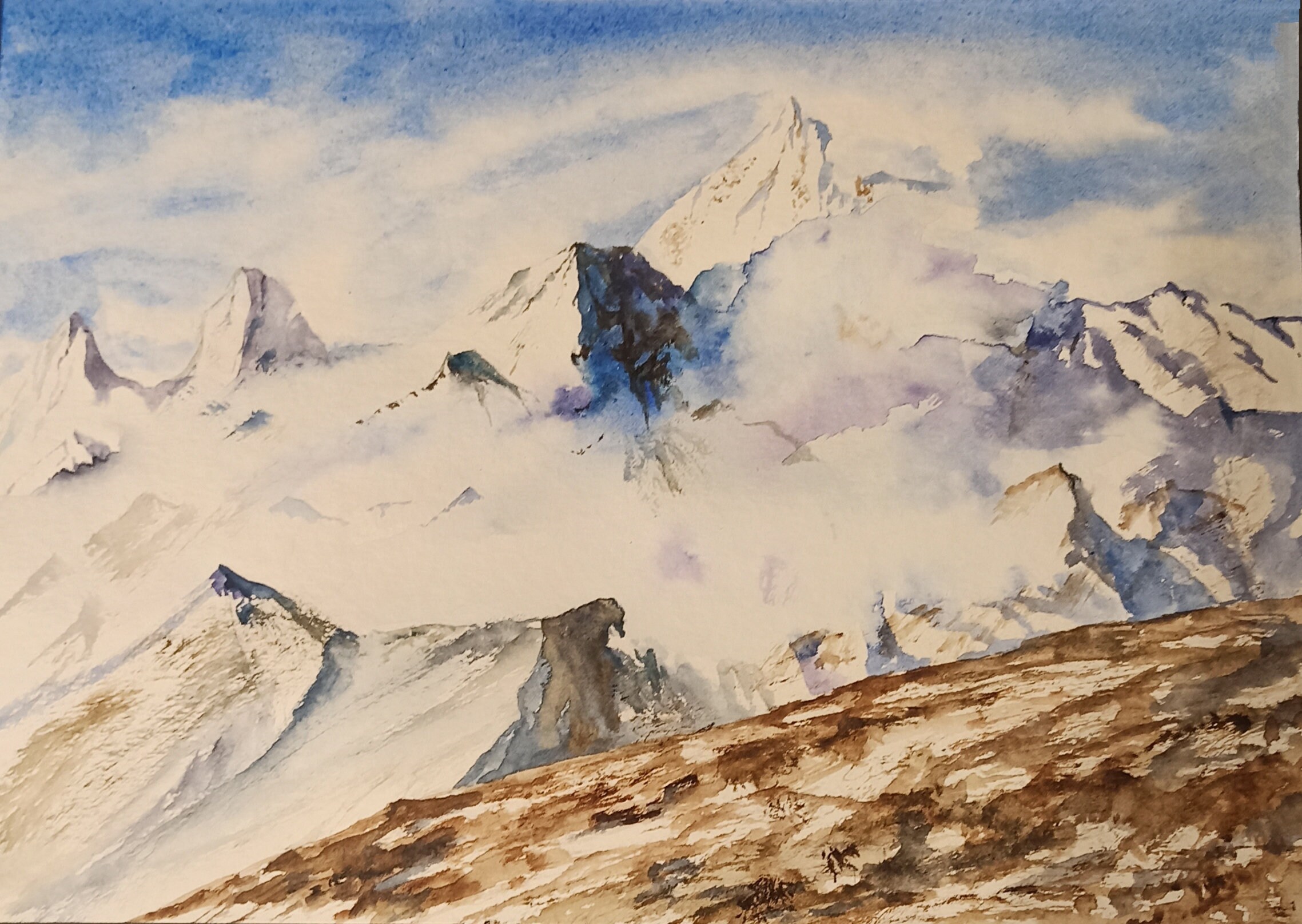 Carta da parati Paesaggio autunnale di montagna dell'acquerello con neve  sulle cime n. u94782 -  negozio online