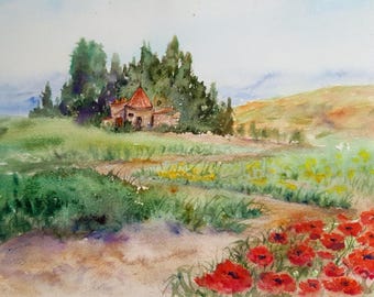 Tuscany Poppy Watercolor Painting: Original Italian Landscape Art