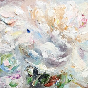 May include: An abstract oil painting featuring a close-up of a peony flower. The artwork uses thick brushstrokes in shades of white, pink, peach, green, and blue. The painting has a textured, impressionistic style, evoking a sense of softness and depth.