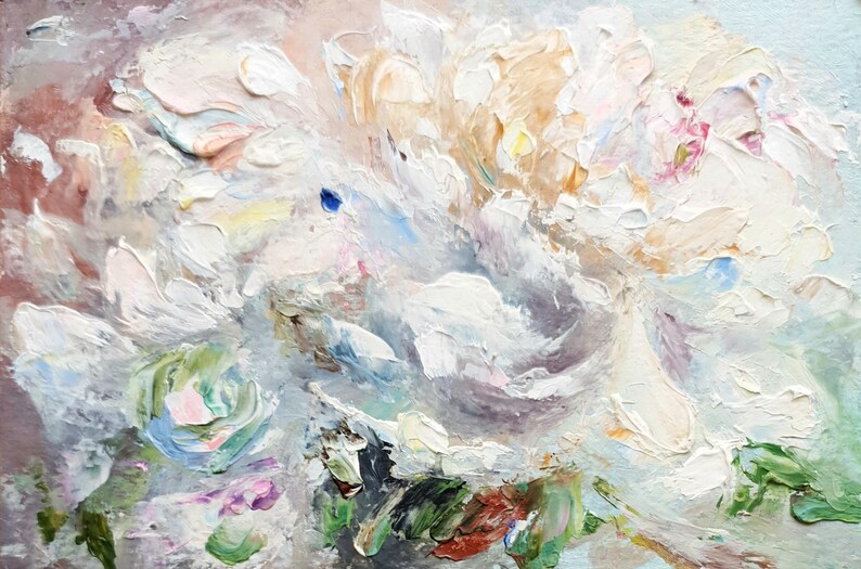 May include: An abstract oil painting featuring a close-up of a peony flower. The artwork uses thick brushstrokes in shades of white, pink, peach, green, and blue. The painting has a textured, impressionistic style, evoking a sense of softness and depth.