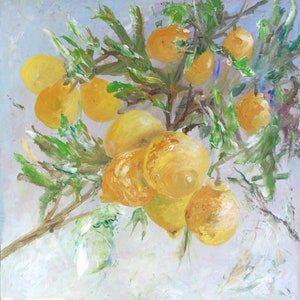 Growing lemon painting original Citrus tree fruit and leafs impasto oil painting created with palette knife