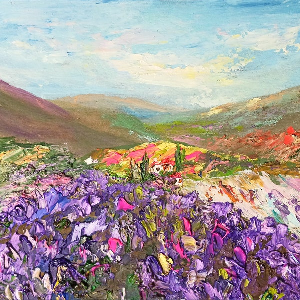 Tuscany painting original Hand painted impasto textured lavender field mountain landscape artwork Gift for her