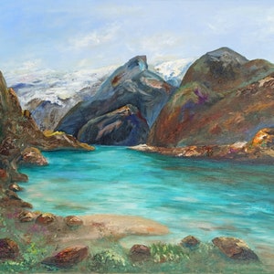 Mountain lake painting on stretched canvas original impasto landscape painting