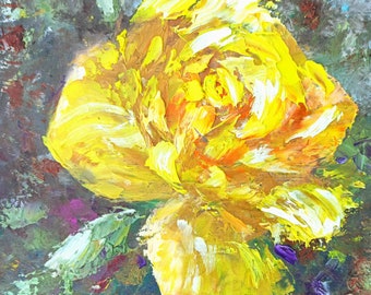 Rose painting original Botanical painting yellow rose oil impasto artwork Flower portrait art