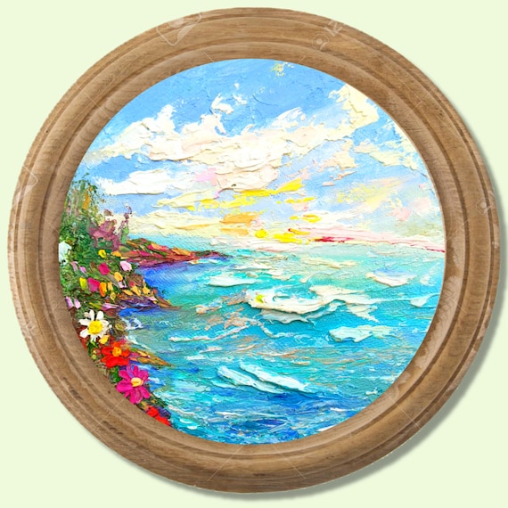 Rough Canvas Seascape Painting Original Handmade Circle Canvas Big Wave  Artwork 4 Inches Small Round Painting 
