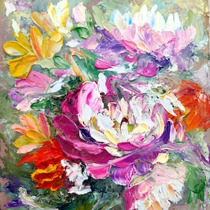 Cuadro de peonías original, obra de arte floral pequeña cuadrada con peonías blancas de pino, flores de amapola y margaritas