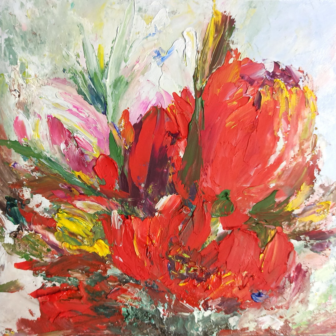 Spring Tulip Oil Painting Original Red Flowers Square Art for Home ...