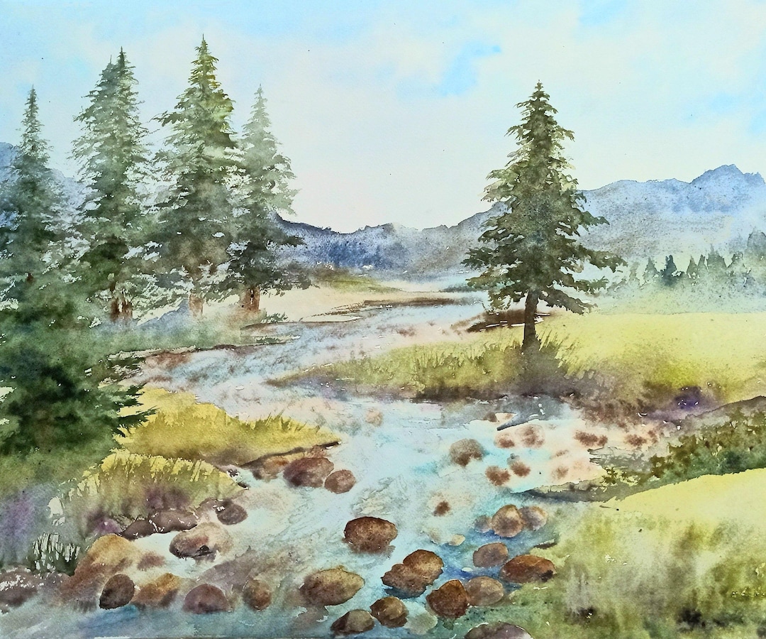 16" by 20" Pine Trees River Painting Original Large Mountain Landscape ...