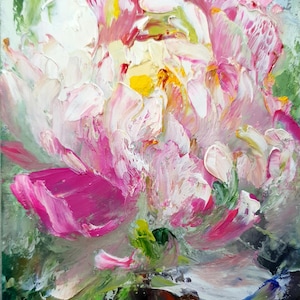 Peony painting original Neutral colours textured impasto oil painting One of a kind 4 by 6 small painting image 1
