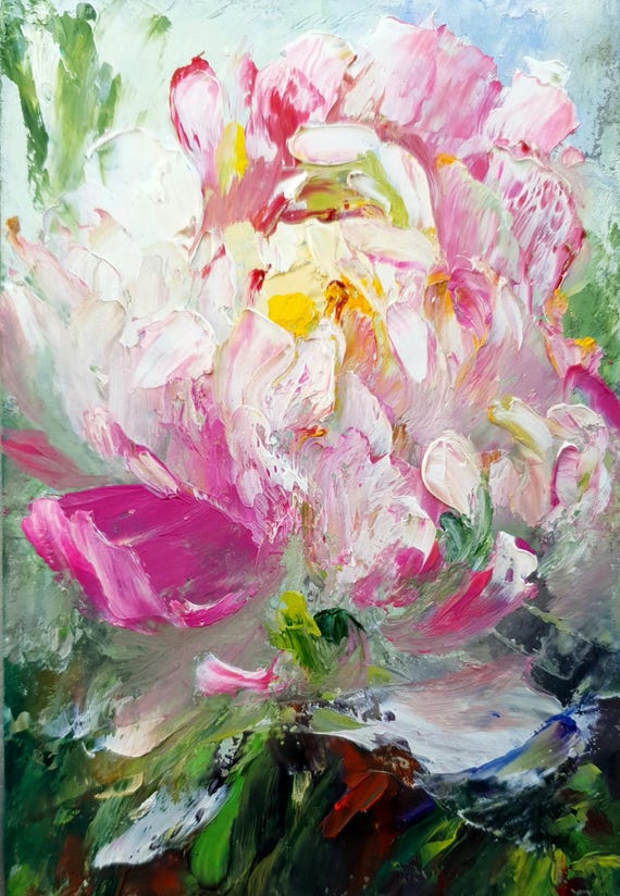 Peony painting original Neutral colours textured impasto oil painting One of a kind 4 by 6 small painting
