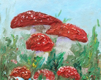 Peinture originale de champignons d'automne, peinture à l'huile d'empâtements de paysage de champignons petite