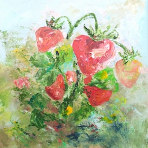 Dipinto originale di coltivazione di fragole Piccola opera d'arte quadrata con bacche rosse da giardino