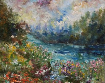 English landscape painting original Farmhouse cloudscape oil painting with river, forest trees and meadow Beautiful gift for travel lovers