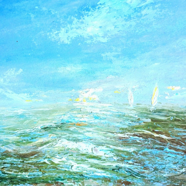 Seascape oil painting original with sailboats on sea waves Gifts for her small daily painting