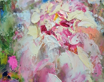 Peony painting original Neutral colours textured impasto oil painting One of a kind 4 by 6 small painting