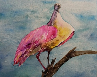 Spoonbill painting original Pink bird watercolor artwork for home warming decor Bird lovers gift Roseate spoonbill