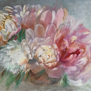 Pintura al óleo de peonía original Pintura neutra de peonía blanca Regalo para ella Pintura al óleo de naturaleza muerta original